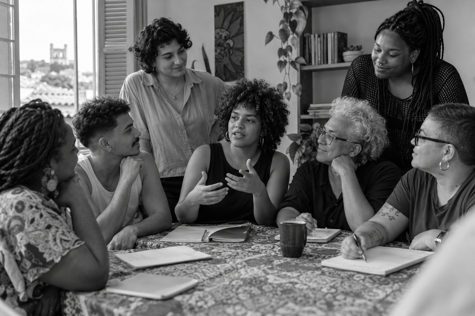 Imagem ilustrativa gerada por IA: grupo diverso de pessoas brasileiras LGBTQIA+ em uma conversa comunitária sobre direitos e inclusão
