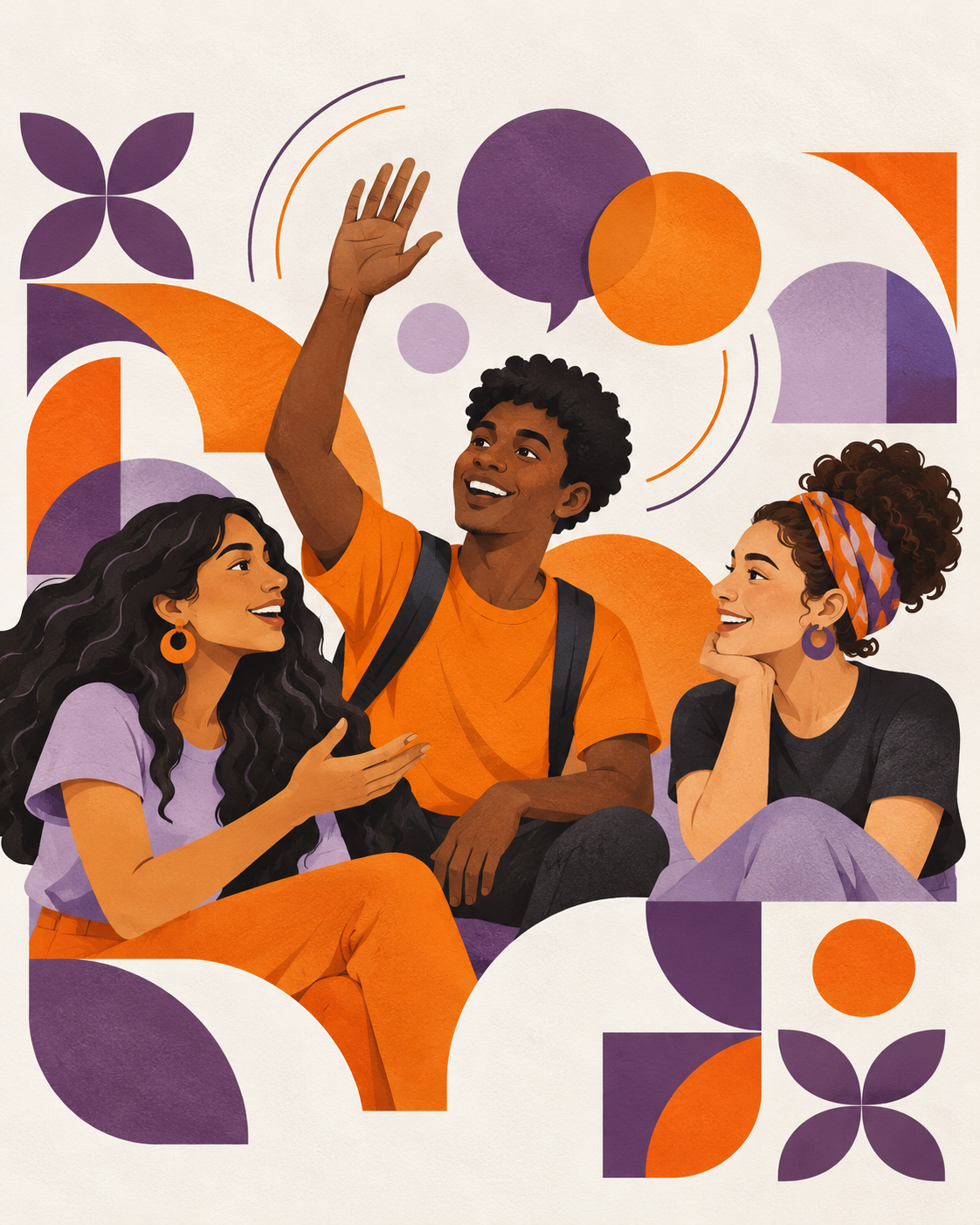 Ilustração de um grupo diverso de jovens em diálogo, com formas geométricas coloridas