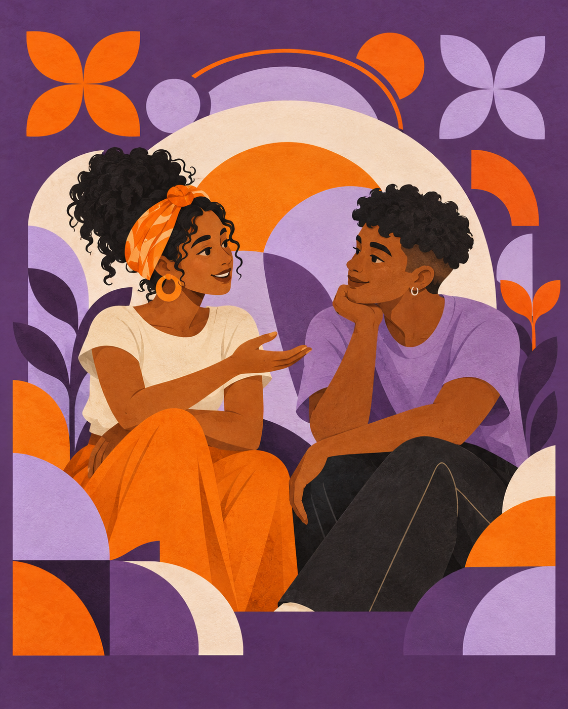 Ilustração de duas pessoas em uma conversa acolhedora, com formas geométricas roxas e laranja